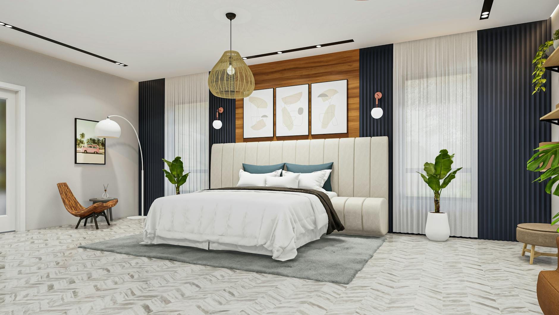Minimalistyczne dekoracje do sypialni w stylu coastal chic – jak stworzyć kojącą przestrzeń sprzyjającą relaksowi Nowoczesna sypialnia w minimalistycznym stylu z jasnym naturalnym światłem